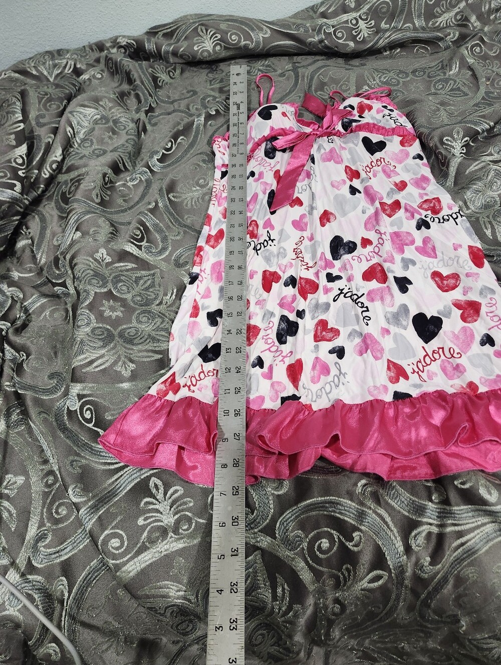 Y2k Jenni Satin Pink Ruffle Bow Red White Heart Print Stretch Nightie Size Xs - Picture 2 of 5